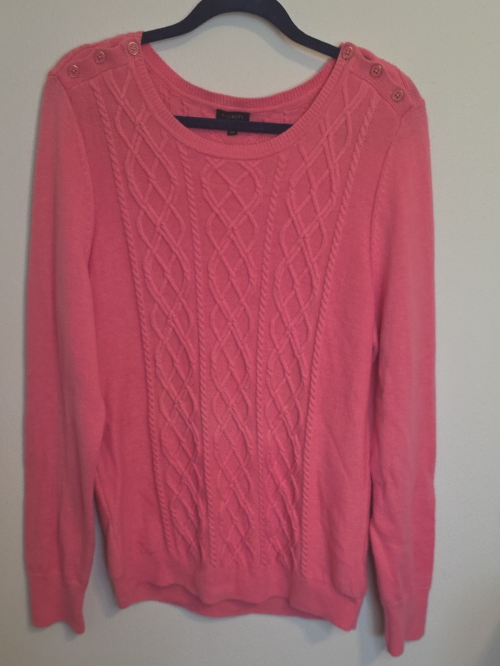 Talbots Coral Pink Cable-Knit Crewneck Sweater with Shoulder Buttons